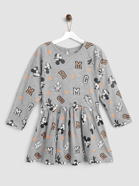 

YK Disney Girls Grey Melange Mickey & Friends Print Fit & Flare Dress