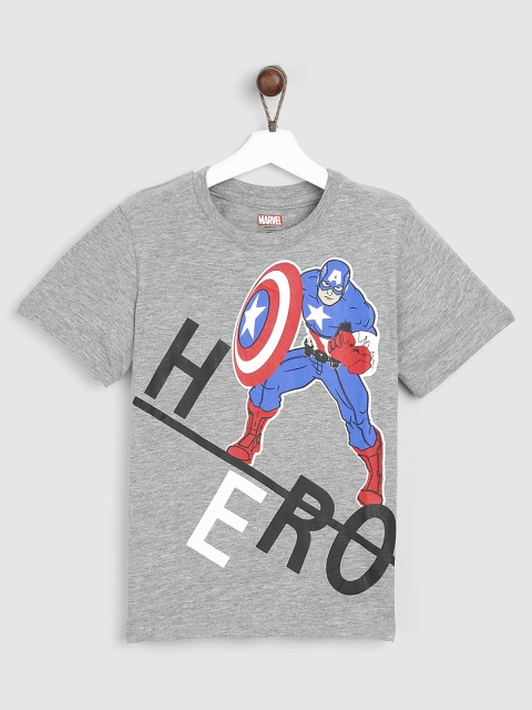 

YK Marvel Boys Grey Melange & Blue Captain America Print Round Neck T-shirt