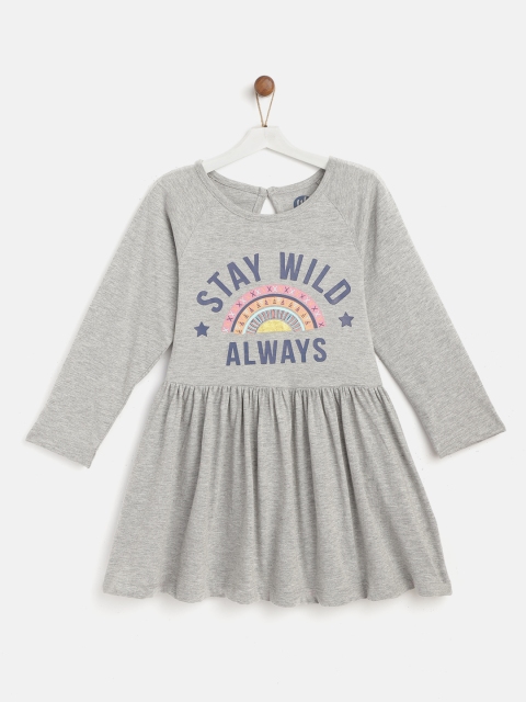 

YK Girls Grey Melange Printed A-Line Dress