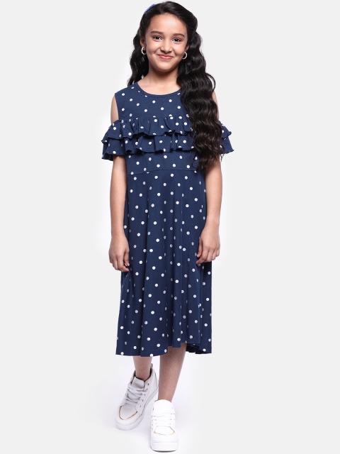 

YK Girls Navy Blue & Silver Polka Dot Cold-Shoulder A-Line Dress With Ruffle Detail
