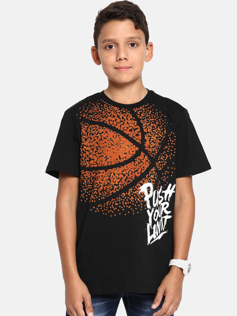 

YK Boys Black & Orange Printed Round Neck T-shirt