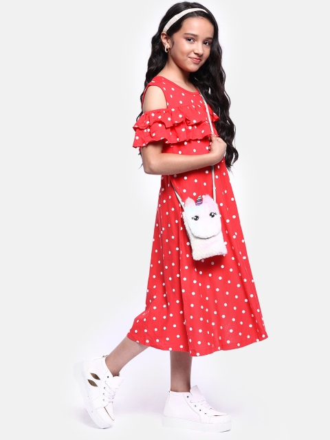

YK Girls Red & White Polka Dot Cold-Shoulder A-Line Dress With Ruffle Detail