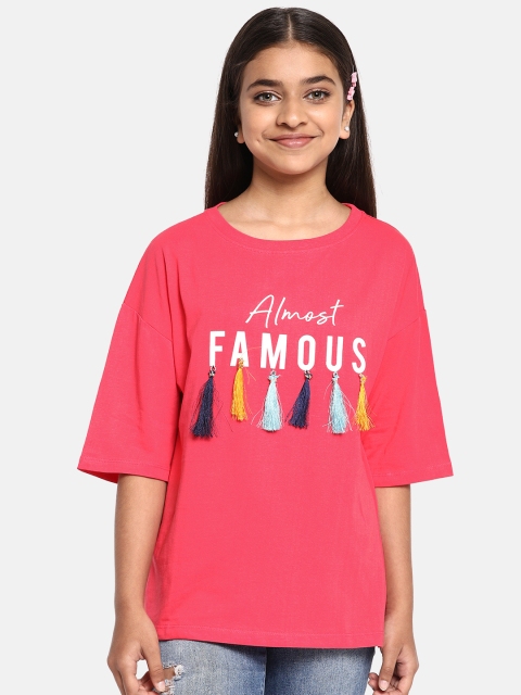 

YK Girls Pink Printed Round Neck T-shirt with Tassels