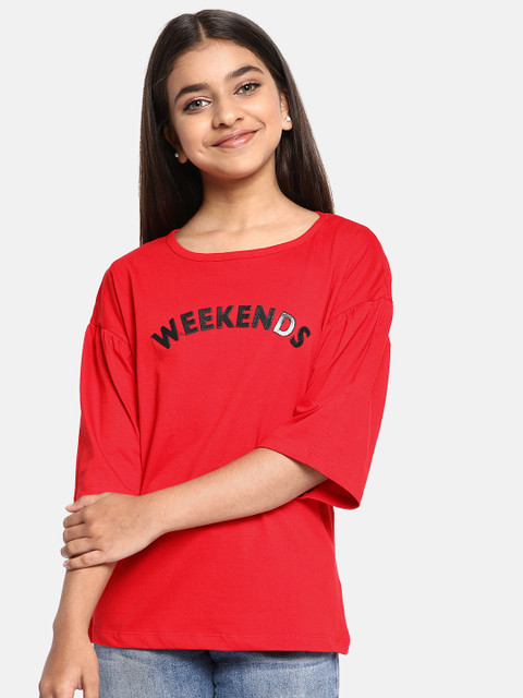 

YK Girls Red Solid Boxy Top with Applique Detail