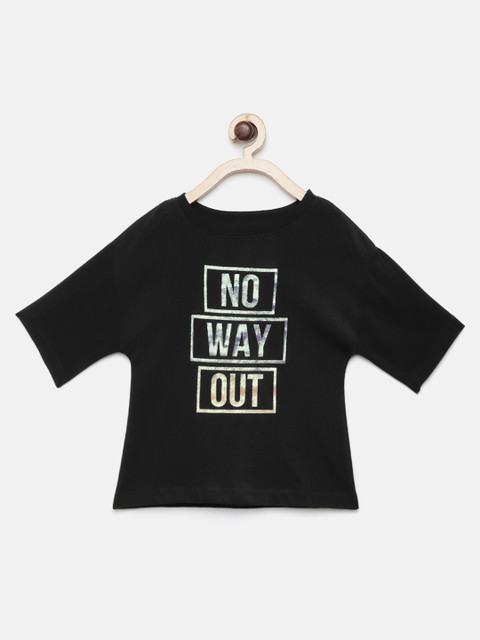 

YK Girls Black Printed Round Neck T-shirt