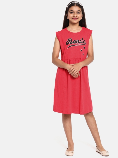 

YK Girls Red Solid Fit and Flare Dress with Printed Detail