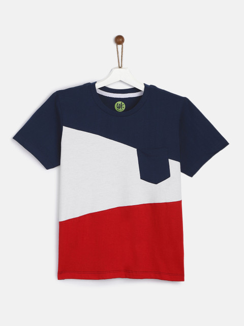 

YK Boys Navy Blue and White Colourblocked Round Neck T-shirt