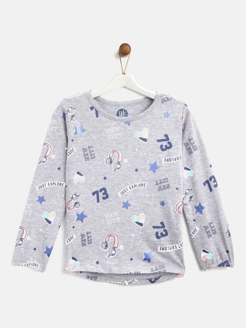 

YK Girls Grey Melange & Navy Blue Printed Round Neck T-shirt