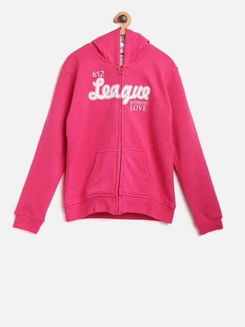 

612 league Girls Fuchsia Pink Solid Hooded Sweatshirt with Applique Detail