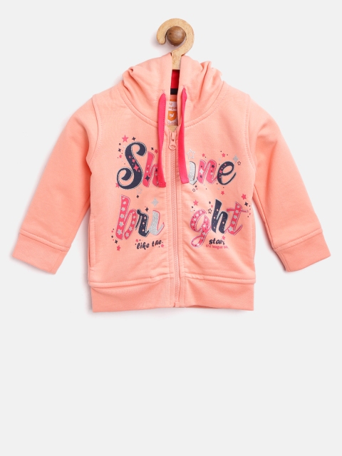

612 league Girls Peach-Coloured Printed Hooded Sweatshirt
