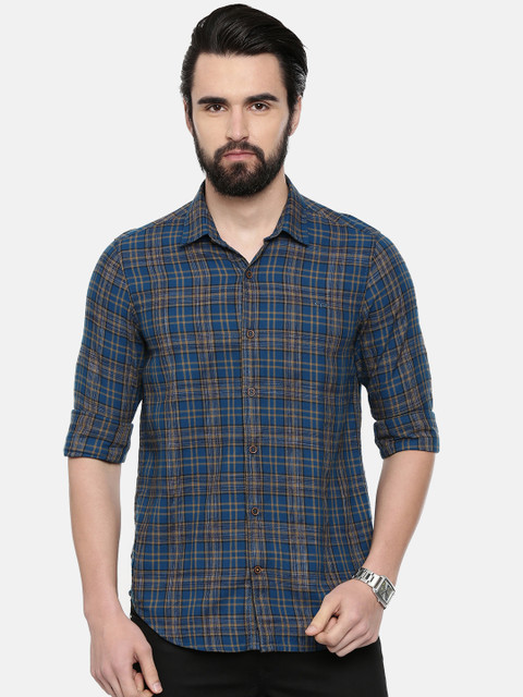 

ColorPlus Men Blue & Khaki Slim Fit Checked Casual Shirt