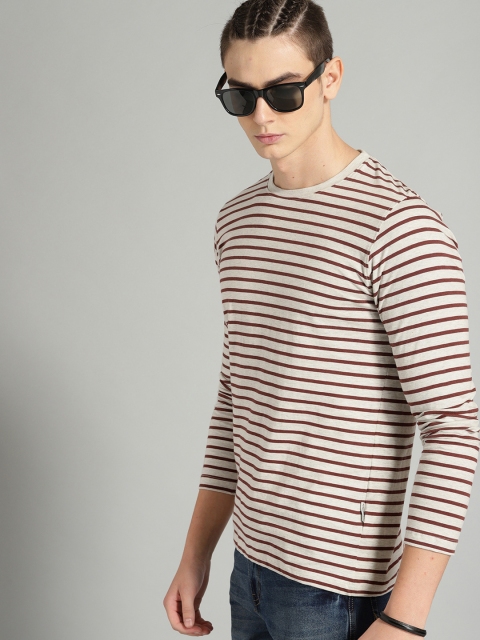 

Roadster Men Grey Melange & Brown Striped Round Neck T-shirt