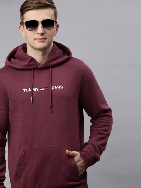 

Tommy Hilfiger Men Burgundy Solid Hooded Sweatshirt with Embroidery