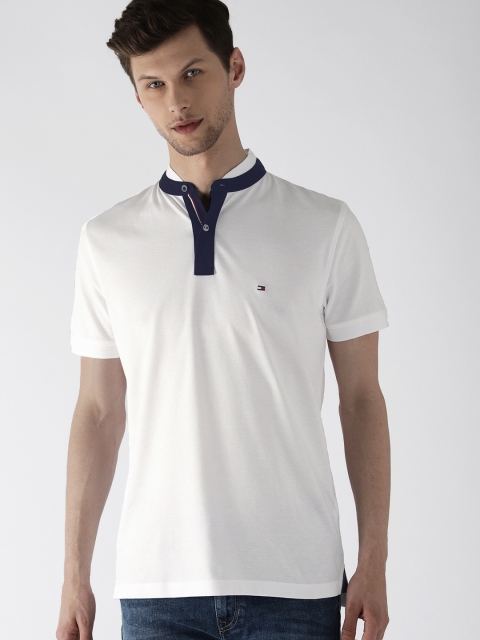 

Tommy Hilfiger Men White Solid Mandarin Collar Pure Cotton T-shirt