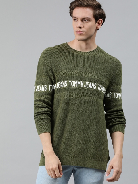 

Tommy Hilfiger Men Green Ribbed Pullover Sweater with Typographic Detail