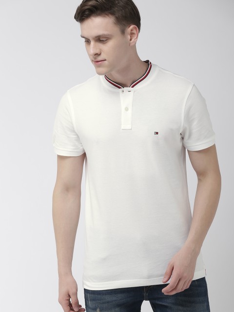 

Tommy Hilfiger Men White Solid Slim Fit Stand Collar Pure Cotton T-shirt