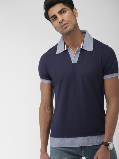 

Tommy Hilfiger Men Navy Blue Self Design Slim Fit Polo Collar T-shirt