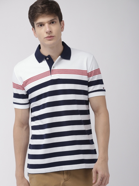 

Tommy Hilfiger Men White & Navy Striped Polo T-shirt