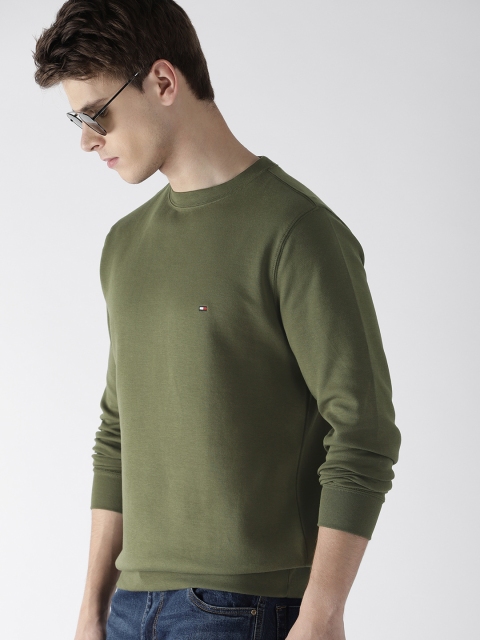 

Tommy Hilfiger Men Olive Green Solid Round Neck Sweatshirt