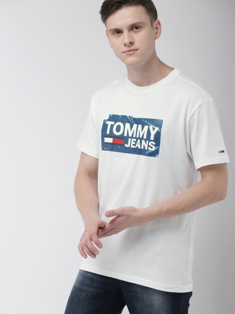 

Tommy Hilfiger Men White & Teal Blue Printed Round Neck T-shirt