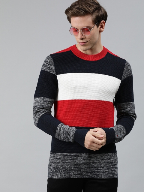 

Tommy Hilfiger Men Navy Blue & Red Colourblocked Pullover Sweater