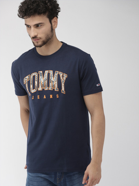 

Tommy Hilfiger Men Navy Blue & Orange Printed Round Neck T-shirt