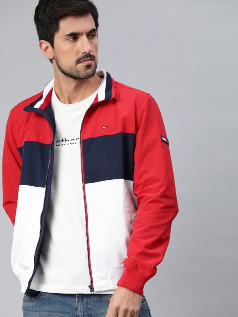 

Tommy Hilfiger Men Red & Navy Blue Colourblocked Bomber Jacket