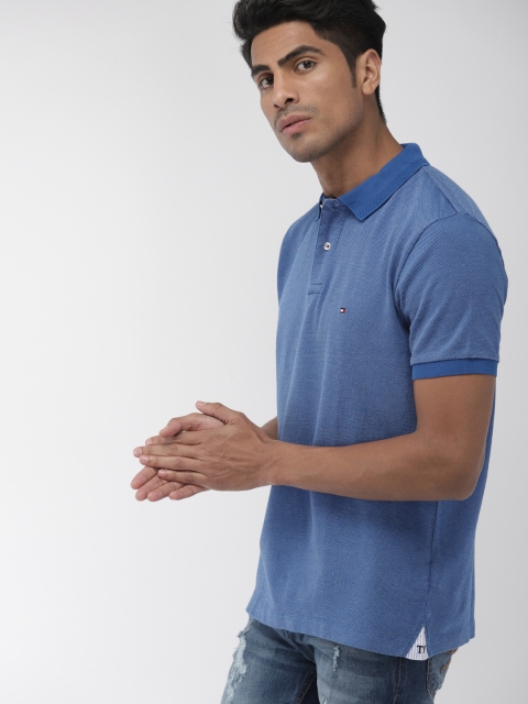 

Tommy Hilfiger Men Blue Self Design Polo Collar T-shirt