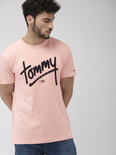 

Tommy Hilfiger Men Peach Navy Blue Printed Round Neck Pure Cotton T-shirt