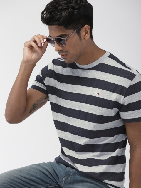 

Tommy Hilfiger Men Navy Blue Grey Melange Striped Round Neck Pure Cotton T-shirt