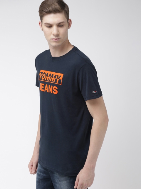 

Tommy Hilfiger Men Navy Blue & Orange Printed Round Neck T-shirt