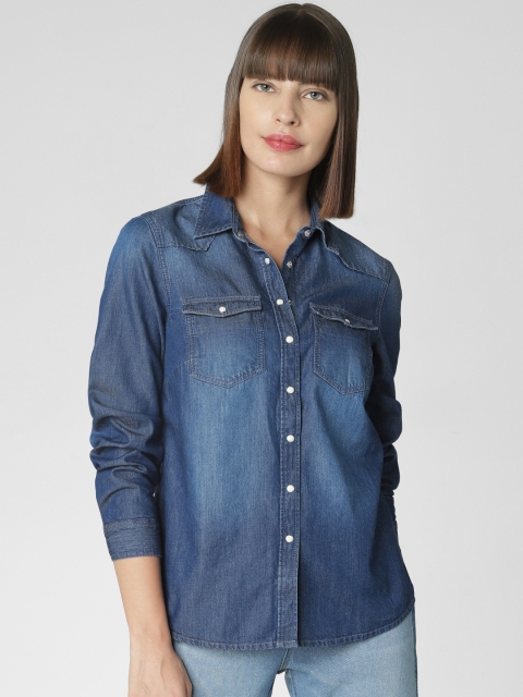 

Vero Moda Women Blue Slim Fit Washed Chambray Casual Shirt
