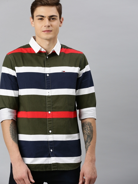 

Tommy Hilfiger Men Olive Green & White Regular Fit Striped Casual Shirt