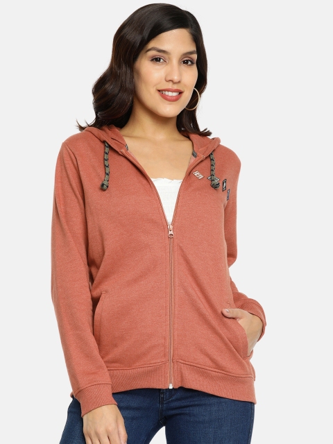 

Wrangler Women Coral Red Solid Hooded Sweatshirt With Applique Detailing