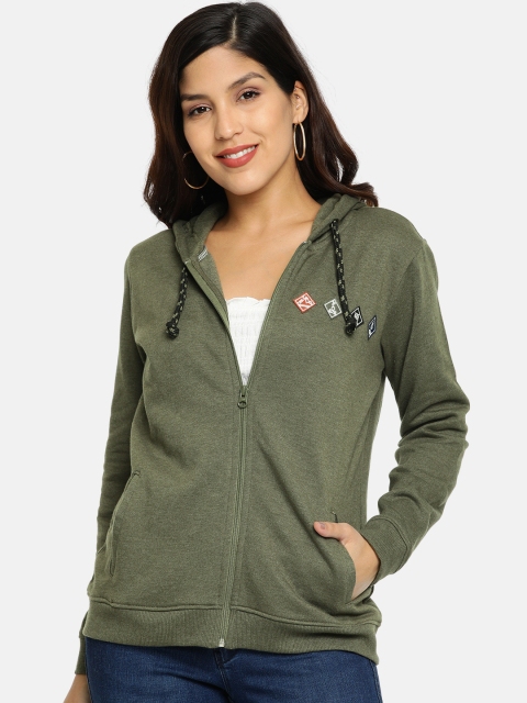 

Wrangler Women Olive Green Solid Hooded Sweatshirt With Applique Detailing