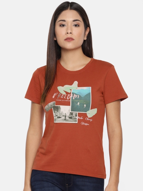 

Wrangler Women Rust Red Printed Round Neck Slim-Fit T-shirt