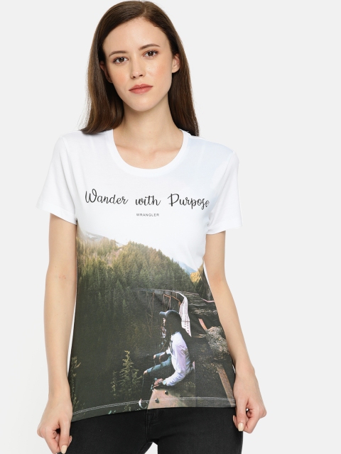 

Wrangler Women White & Olive Green Slim Fit Printed Round Neck T-shirt