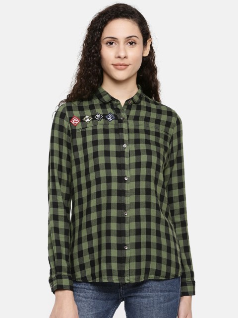 

Wrangler Women Olive Green & Black Checked Casual Shirt