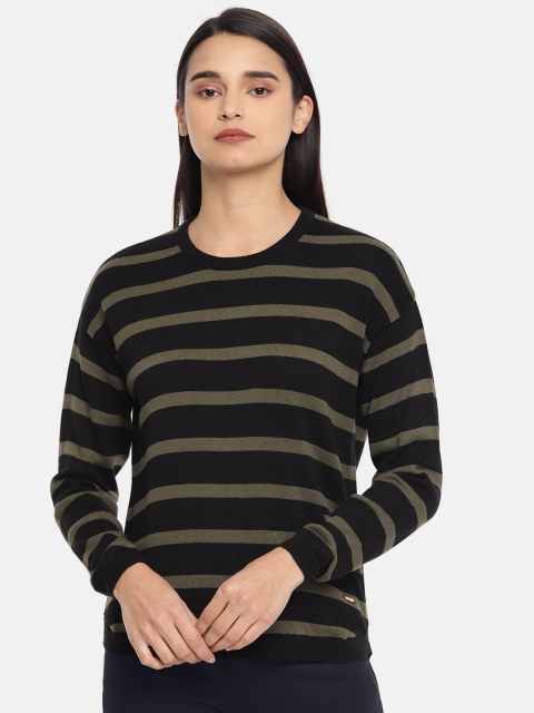 

Wrangler Women Black & Olive Green Striped Sweater