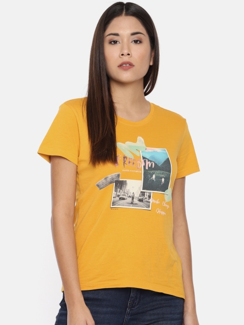 

Wrangler Women Mustard Yellow Printed Round Neck Slim-Fit T-shirt