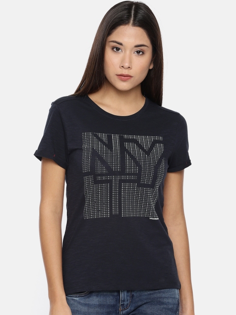 

Wrangler Women Navy Blue & White Self Design Round Neck T-shirt