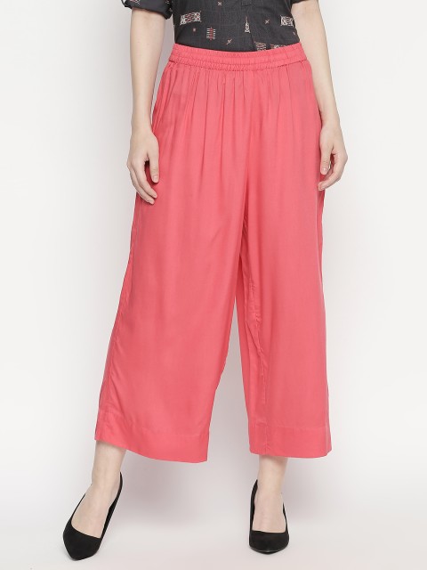

RANGMANCH BY PANTALOONS Women Coral Pink Solid Straight Palazzos