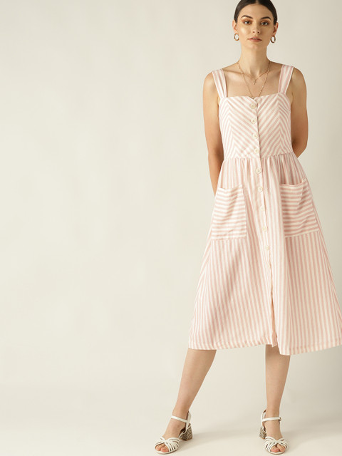 

MANGO Women Off-White & Dusty Pink Striped A-Line Dress