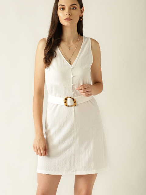 

MANGO Women White Solid A-Line Dress with Belt