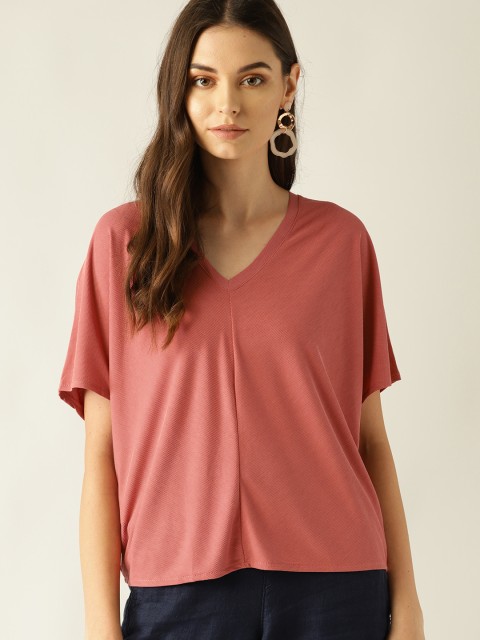 

MANGO Women Dusty Pink Ribbed Boxy Top