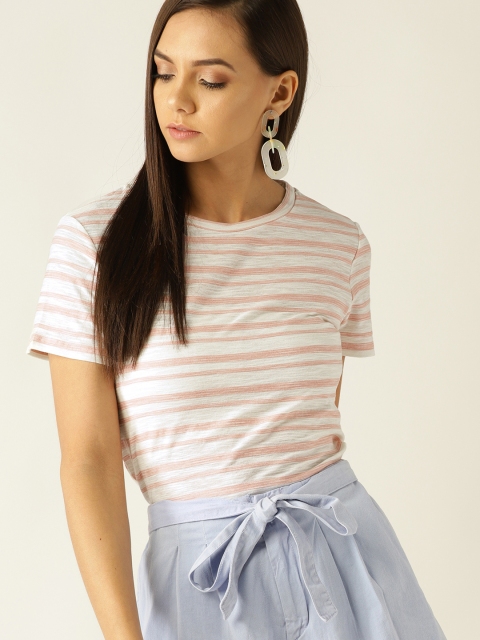 

MANGO Women Off-white & Pink Striped Round Neck T-shirt