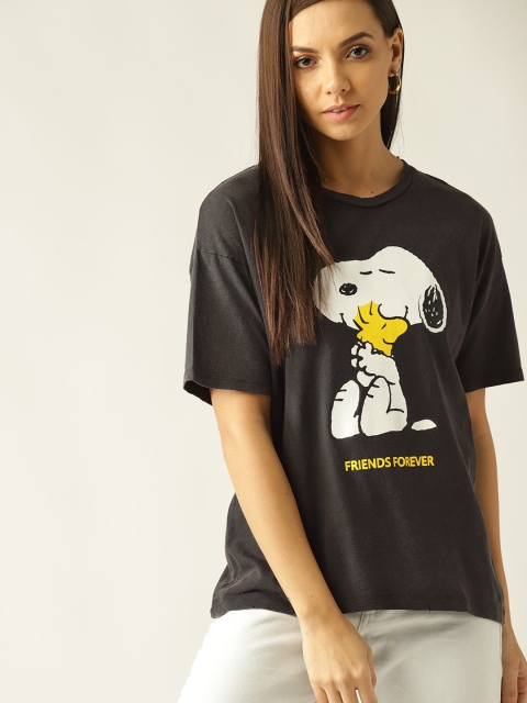 

MANGO Women Black Peanuts Print Round Neck T-shirt
