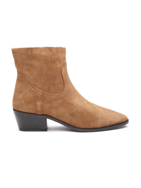 

MANGO Women Brown Solid Mid-Top Leather Heeled Boots