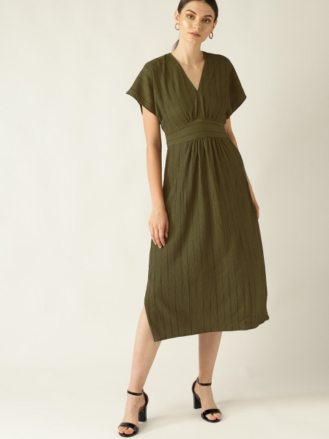 

MANGO Women Olive Green Striped Empire Dress