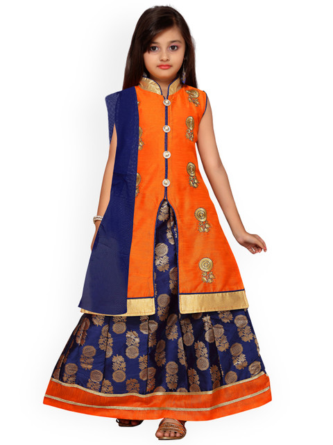 

Kidling Girls Orange & Navy Blue Printed Semi-Stitched Lehenga & Ready to Wear Blouse with Dupatta
